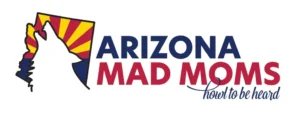 Logo of Arizona Mad Moms, howl to be heard, State flag with silhouette of wolf.